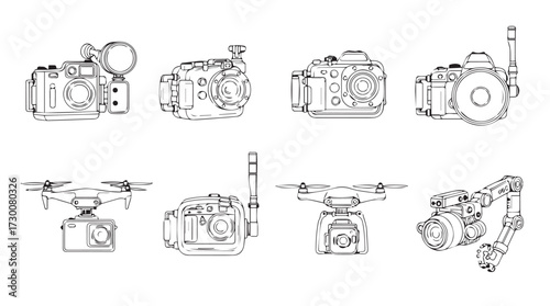 Collection of hand drawn sketch style drone camera gear and agricultural machinery close up views vector