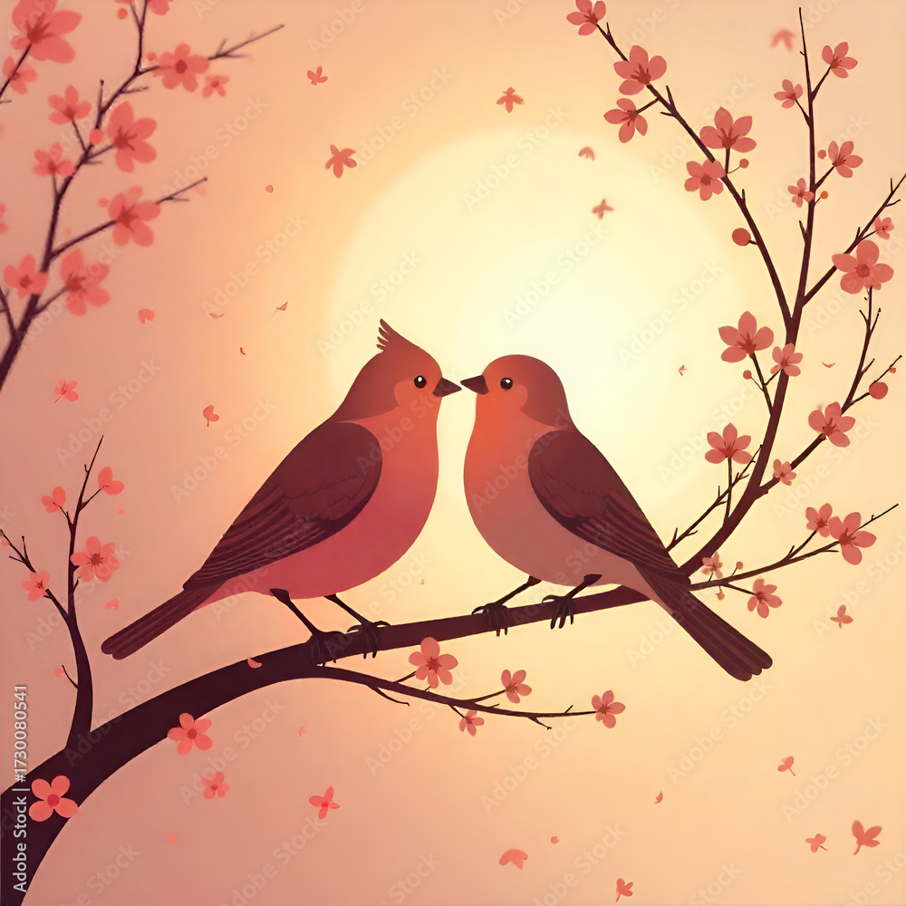 Fototapeta premium Two birds on branch loving each other, silhouette set vector illustration