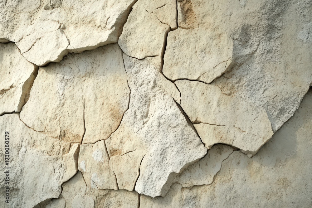 Fototapeta premium Close-up view of a cracked, light beige surface, showcasing intricate patterns of fissures and separations.