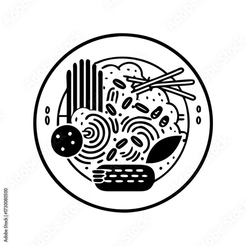Vector art of top view of noodle dish vector icon asian cuisine with various toppings and ingredients in a bowl