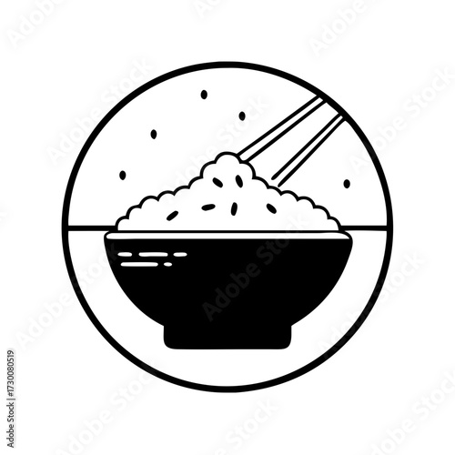 Vector art of a simple black and white illustration of a bowl of rice with chopsticks, isolated on a