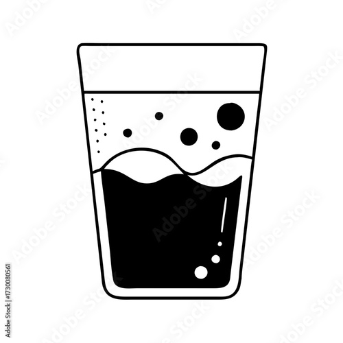 Vector art of a simple black and white illustration of a glass filled with a dark liquid and bubbles