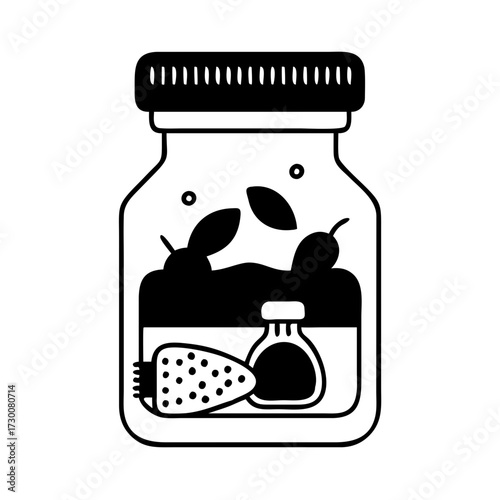 Vector art of black and white illustration of a jar filled with fruits and a small bottle inside