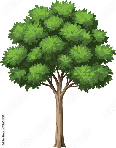 Single lush tree with tall trunk and dense green canopy, symbolizing vitality, botanical structure, and environmental storytelling in vector silhouette art