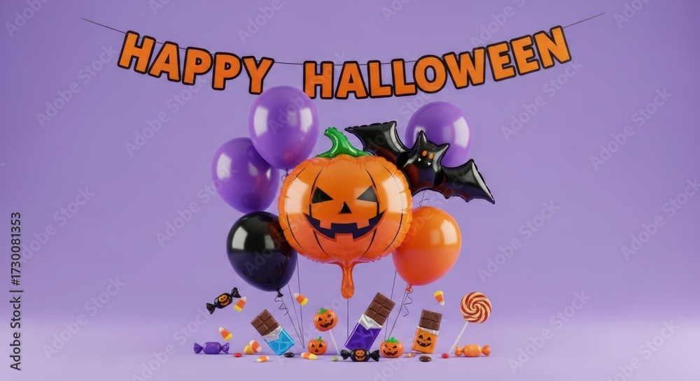 Naklejka premium Festive Halloween scene with balloons, candy, and a Happy Halloween banner on a playful purple backdrop, perfect for spooky celebrations
