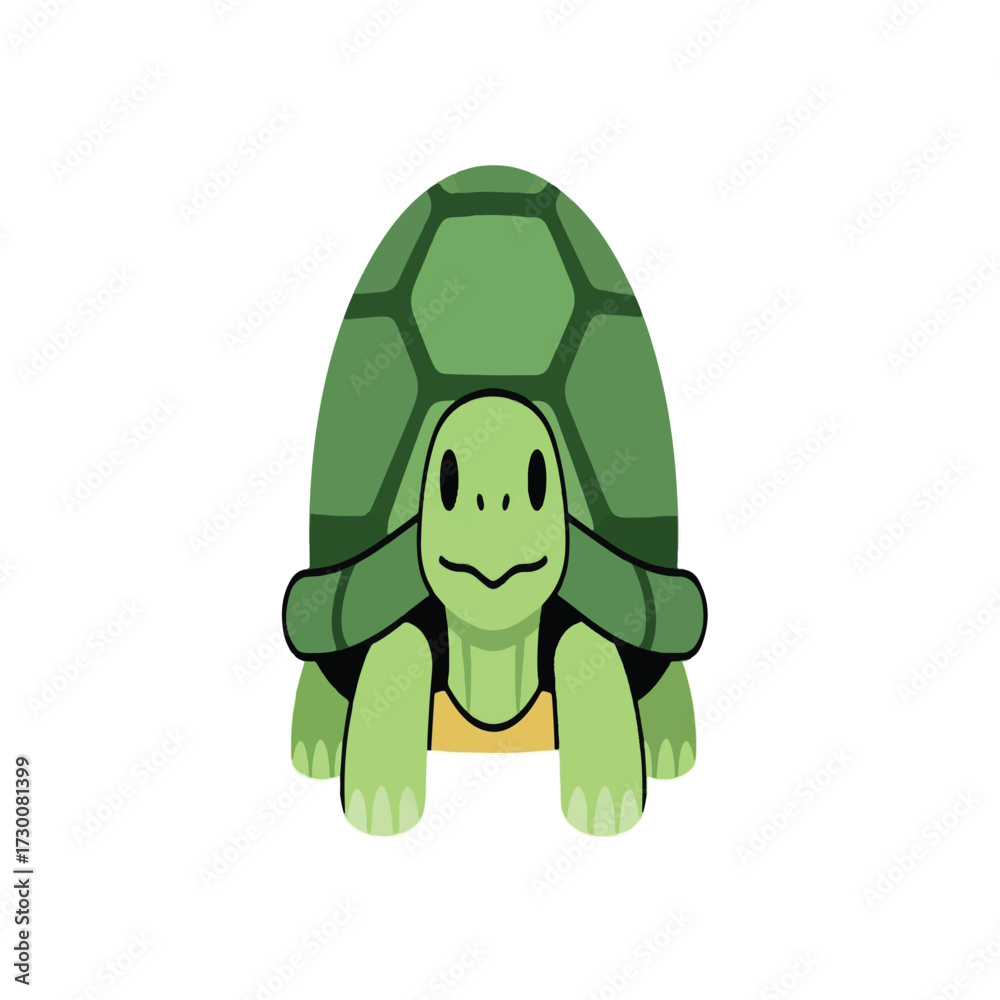 Fototapeta premium A cartoon illustration of a green turtle facing forward, with a detailed shell.