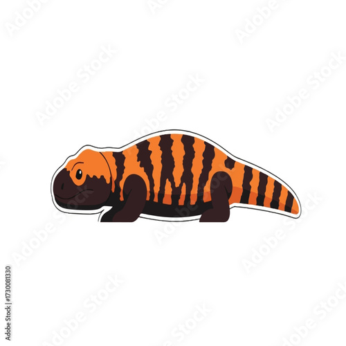 A cartoon illustration of a colorful lizard with orange and black stripes, isolated on white.