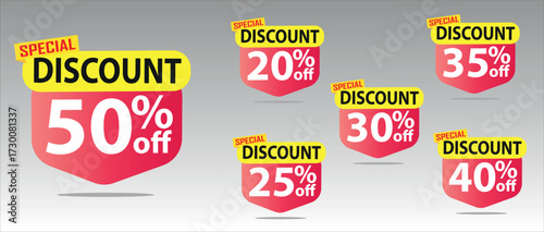 Discount buy now label pop-up banner with different sale percentage. 20, 25, 30, 35, 40, 50 percent off price reduction badge promotion, red discount sale tags with percentages	