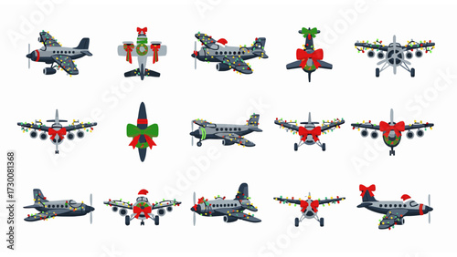 Vector icon set of various airplanes adorned with Santa hats, wreaths, and festive garlands for the holiday season