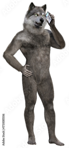 Gray anthropomorphic wolf standing and talking on smartphone smiling. 3d rendering on transparent background, no AI used
