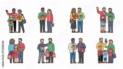 Collection of diverse family and couple illustrations celebrating a winter holiday with gifts, embodying the concept of togetherness