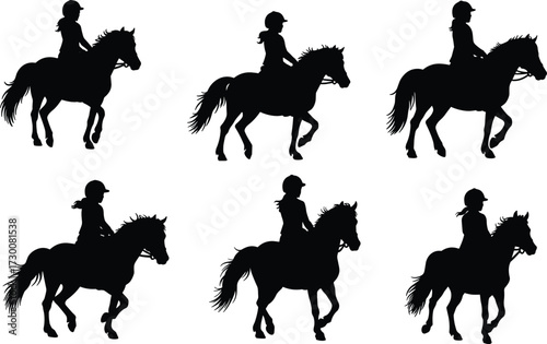 Silhouette horse riders, horseback riding activity, equestrian sport training, women riding horses, pony riding illustration, black shadow figures, isolated outdoor design