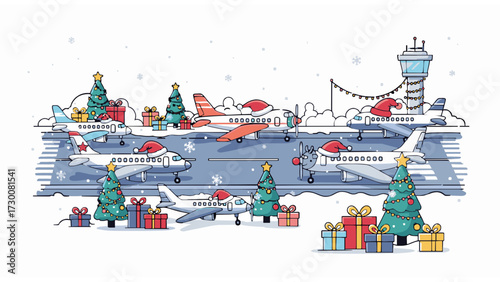 Festive airport scene celebrating the Christmas holiday with airplanes decorated with Santa hats and gifts