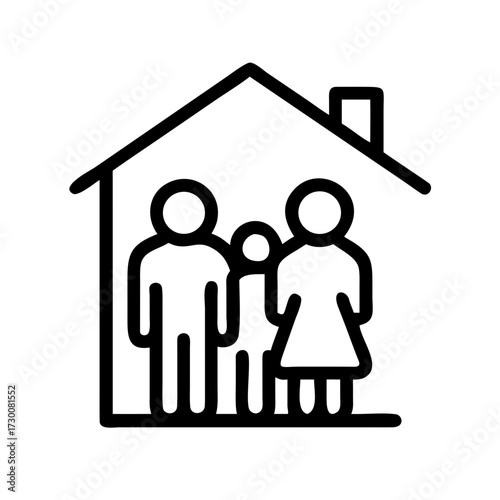 Family in House Icon Vector Illustration: Black Outline Graphic Representing Home, Parenthood, and Real Estate for Web, App, and Marketing Designs