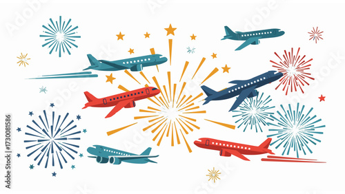 Dynamic illustration of colorful airplanes flying amidst an explosion of celebratory fireworks, symbolizing global travel, international connections, and festive journeys