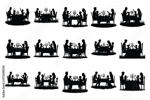Family silhouettes at dining tables with candelabra