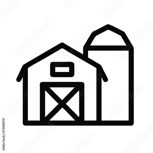 Simple line art icon of a barn and silo representing rural farm life and agriculture