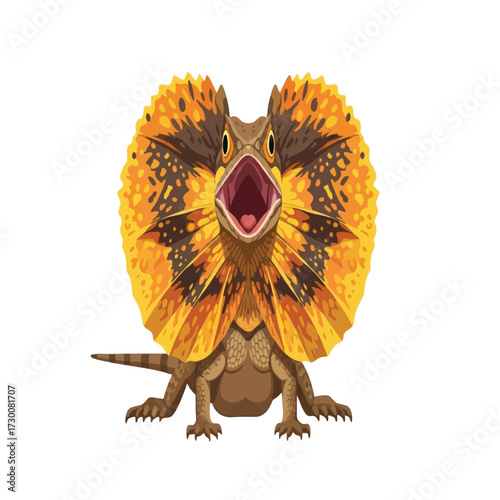 A detailed illustration of a frilled-neck lizard with its mouth open, showing its frill.