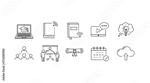 Hand drawn icons representing technology education business and cloud services collection vector