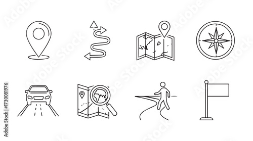 Hand drawn navigation icons set featuring map pin compass route car magnifying glass and flag for travel vector