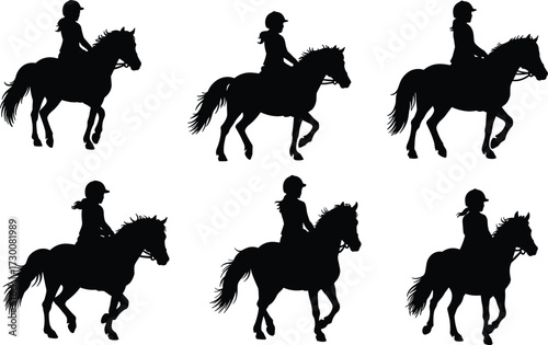 Silhouette horse riders, horseback riding activity, equestrian sport, women riding horses, black shadow figures, pony riding illustration, isolated design, outdoor lifestyle