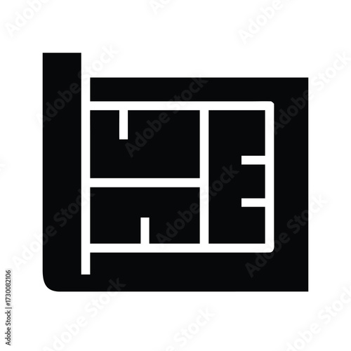 Black and white vector icon of a house floor plan blueprint, representing architecture, construction, and real estate design concepts for websites, apps, and presentations.