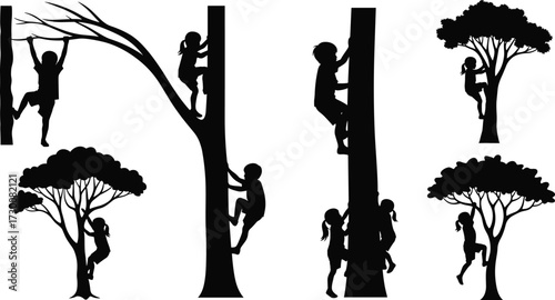 Children climbing trees silhouettes, playful kids, outdoor activity, childhood adventure, fun nature play, recreation illustration, black outline, forest lifestyle, exploration
