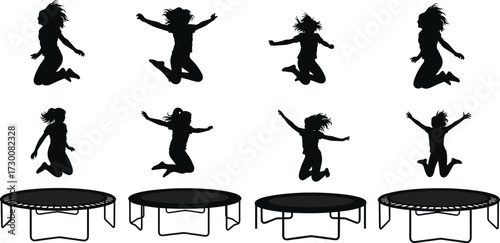Children jumping on trampoline silhouettes, fun activity, outdoor play, healthy exercise, recreation sport, energetic kids, black outline, fitness bounce illustration