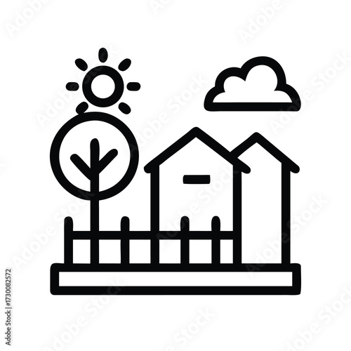 Simple outdoor scene with house tree sun cloud and fence line art style graphics