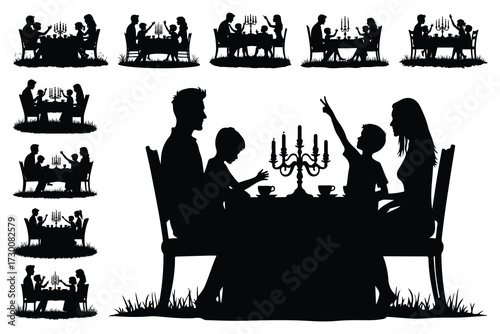 Family silhouettes dining at table with candelabra and cups