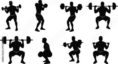 Silhouette man gym workout, barbell squat, dumbbell exercise, weightlifting training, bodybuilding fitness, strength athlete, powerlifting pose, healthy lifestyle illustration
