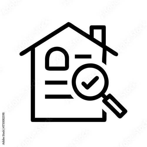 Home inspection concept magnifying glass inspecting house report document with check mark icon