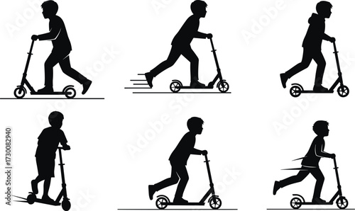 Children riding scooters silhouettes, outdoor play, active kids, fun exercise, urban lifestyle, healthy activity, black outline, street sport illustration, movement