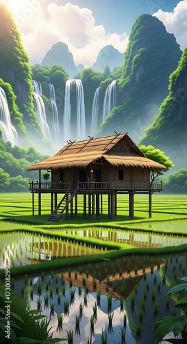 Tranquil Rice Paddy Landscape with Waterfall.