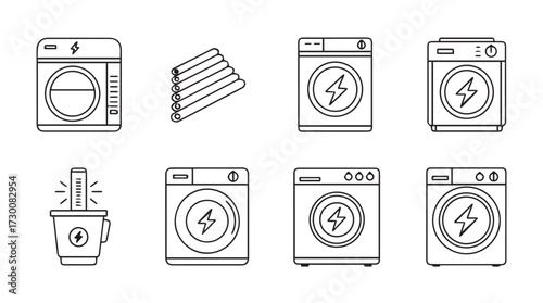 Set of washing machine icons and laundry stack for sustainable home appliance design vector