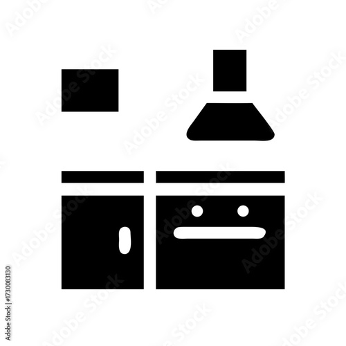Minimalist black kitchen counter with stove, oven, and range hood vector icon for cooking, home, and restaurant design