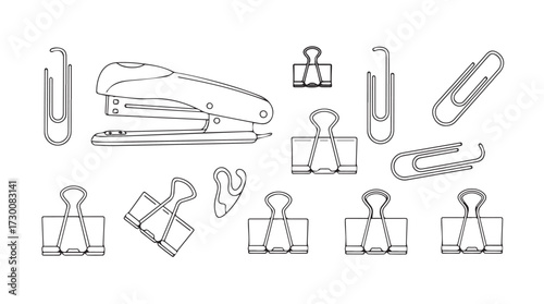 Hand drawn stationery collection featuring stapler paperclips and binder clips sketches vector