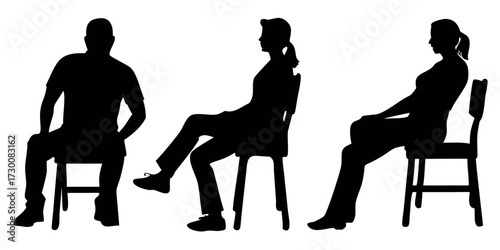 Vector Silhouette Set of People Sitting on Chair Floor and Bench