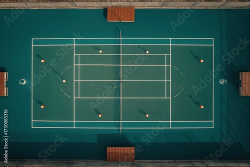 Aerial View of Tennis Court with Players Engaged in Match Play.