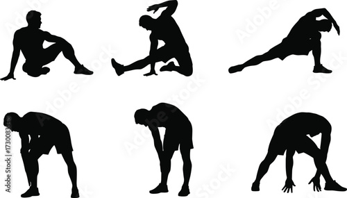 Silhouette man stretching exercises, fitness training poses, workout warm up, healthy lifestyle illustration, gym stretching routine, sport activity design, body flexibility concept