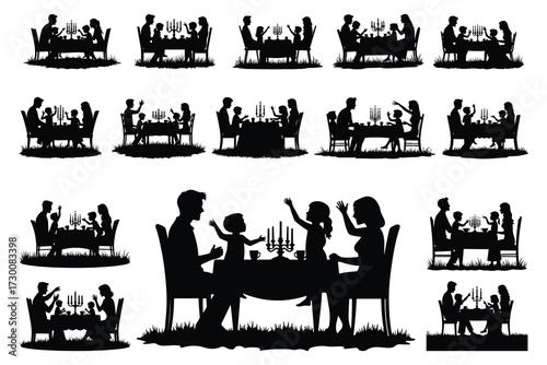 Silhouette families dining at tables with candelabras