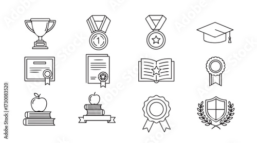 Set of hand-drawn academic and achievement icons representing success and education vector