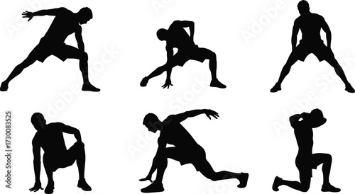 Silhouette man stretching exercises, fitness workout poses, athletic training body movement, black shadow figure, gym warmup routine, health activity, sports flexibility illustration