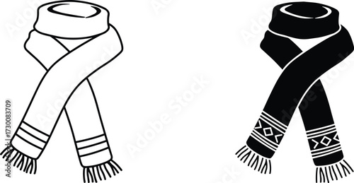 Stylized scarf vector illustration with fringe, stripe and diamond patterns in black and white for fashion design and textile concept
