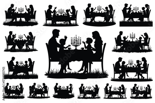 Silhouette families gathered around tables with candelabras