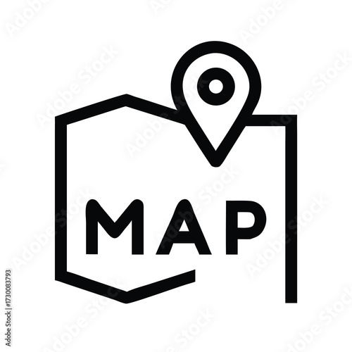 Simple line art icon of a map location pin situated over a hexagonal map shape with 'map' text