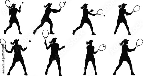 Female tennis player silhouette, woman with racket, hitting ball, sports action, competition, athlete training, fitness exercise, active lifestyle, game match