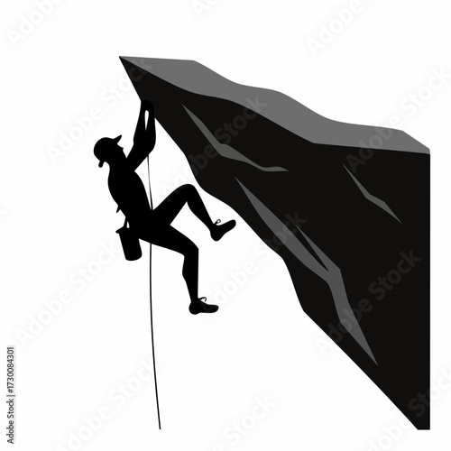 Dynamic silhouette of a determined climber ascending a steep rock, symbolizing perseverance, ambition, and strength to conquer challenges and reach new heights