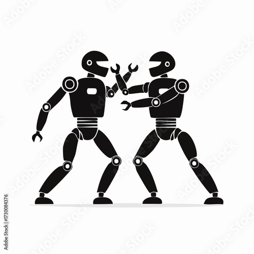A dynamic illustration of two humanoid robots engaged in combat, symbolizing future technology, artificial intelligence, and machine conflict