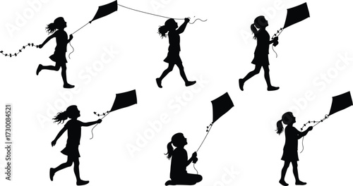 Girl flying kite silhouette, child outdoor activity, kids playtime, fun leisure, summer wind, recreation, freedom, family lifestyle, childhood joy